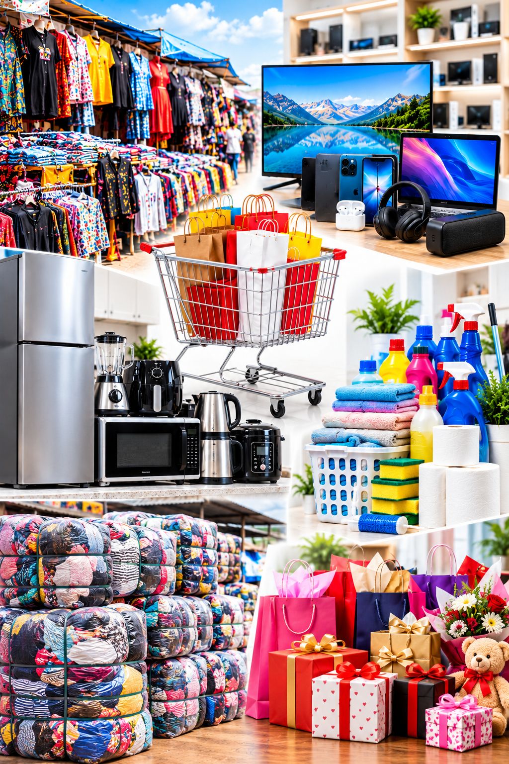 Market clothes, electronics, kitchen appliances, household supplies and gifts around a shopping trolley