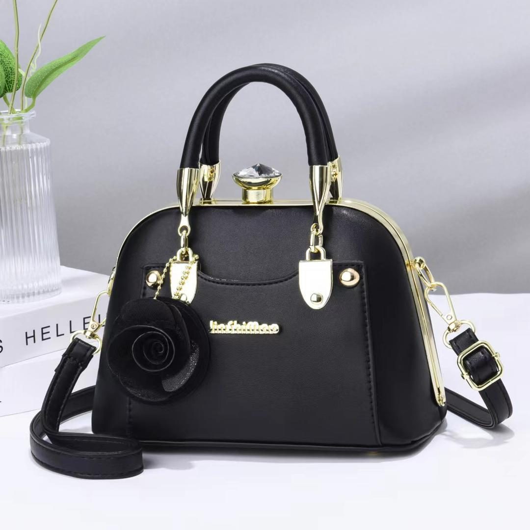 Black Dome Handbag with Rose Charm